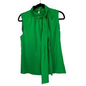 Posh Couture Green Satin Tied Collar Sleeveless Blouse Sz XS